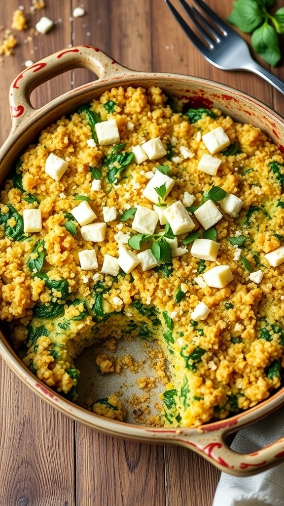 A quinoa bake with feta cheese and spinach, cut into squares, garnished with herbs on a rustic table.